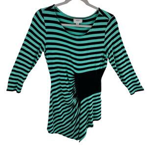 ECI Green Black Striped 3/4 Sleeve Ruched Asymmetrical Pullover Stretch Top Sz M